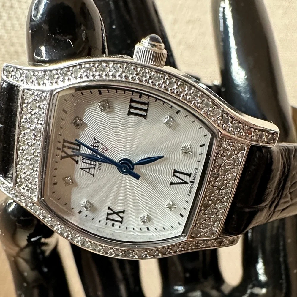 Elegant Black and Silver Affinity Leather Diamond Women's Watch.